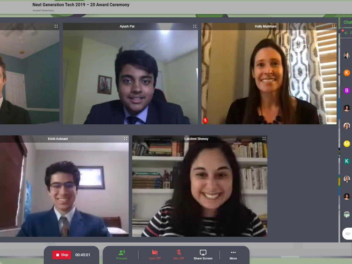 A video-call grid showing five students and staff in their homes during an online award ceremony, with a live chat panel full of congratulations.