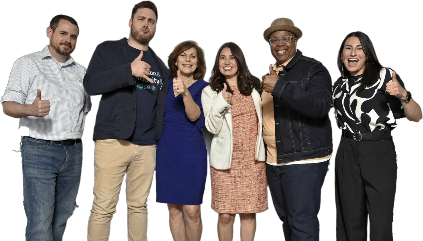 Six people standing shoulder to shoulder, each giving a thumbs up.