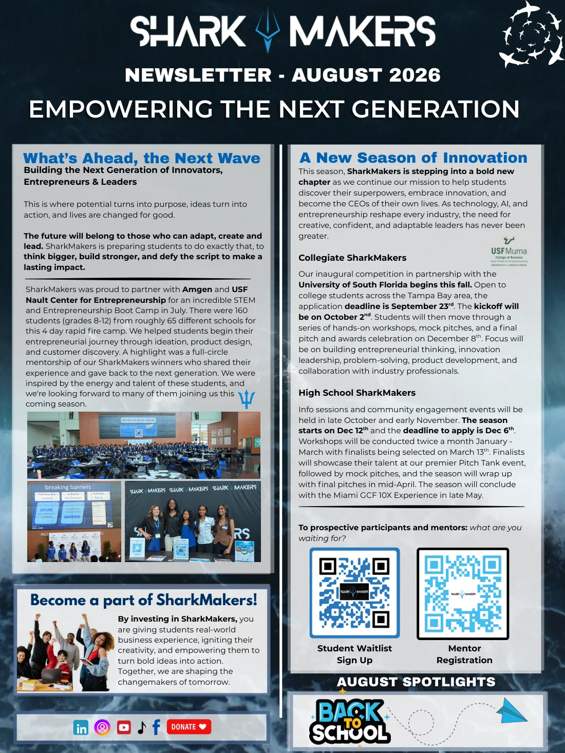 The cover of the August 2026 SharkMakers Newsletter.