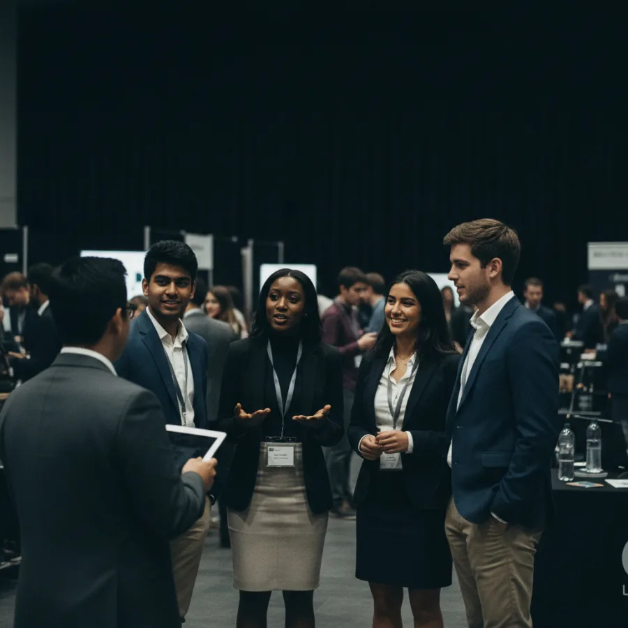 University students pitching their product to a visitor at a demo day.